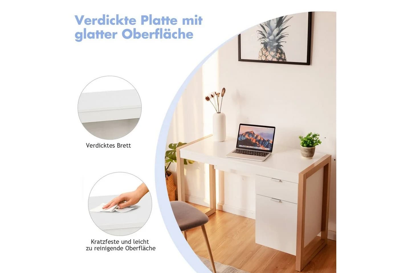 COSTWAY Schreibtisch mit Schubladen und Aufbewahrungsschrank Weiß - Bild 5