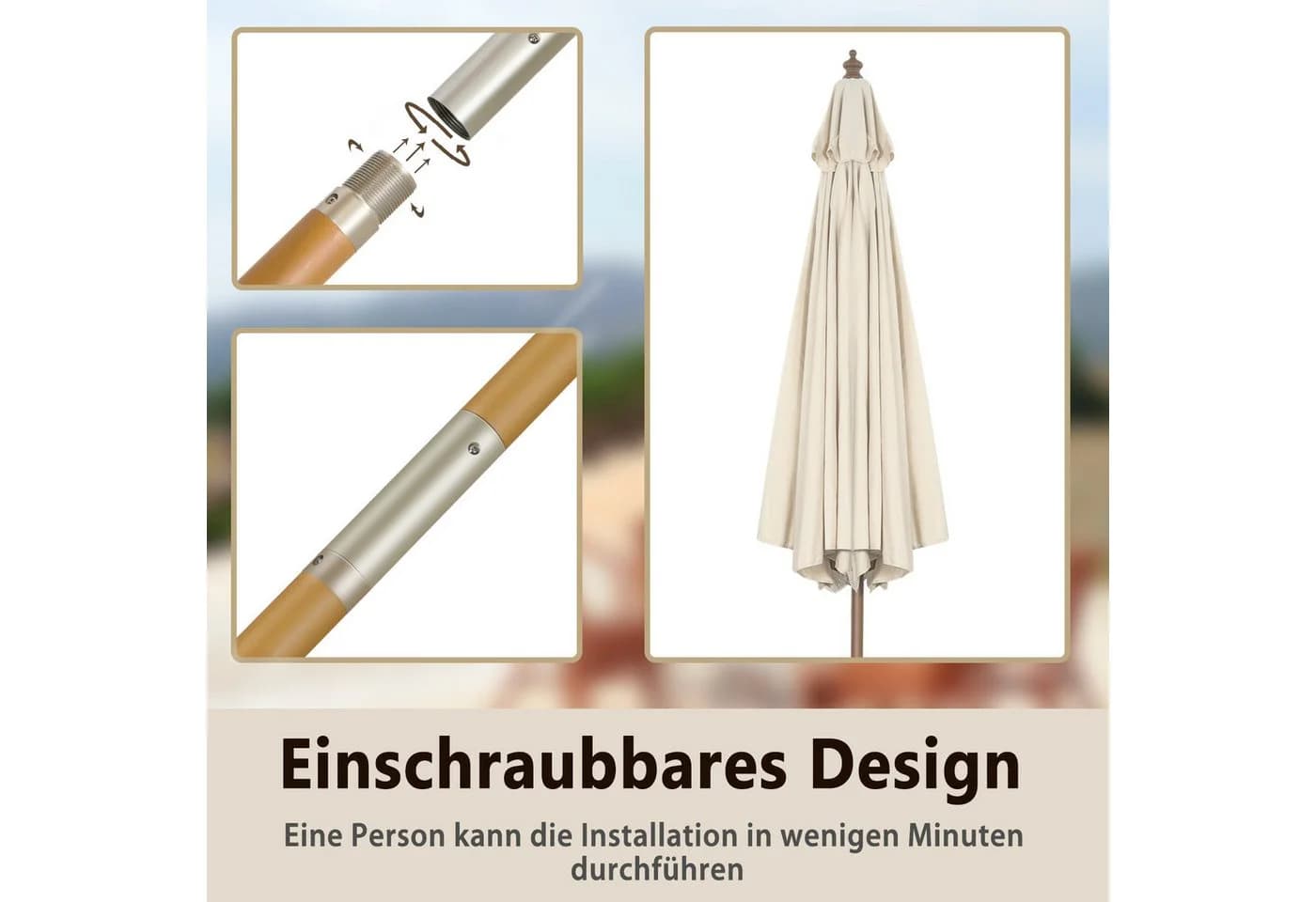 COSTWAY Sonnenschirm Balkonschirm neigbar UV-beständig Beige - Bild 4