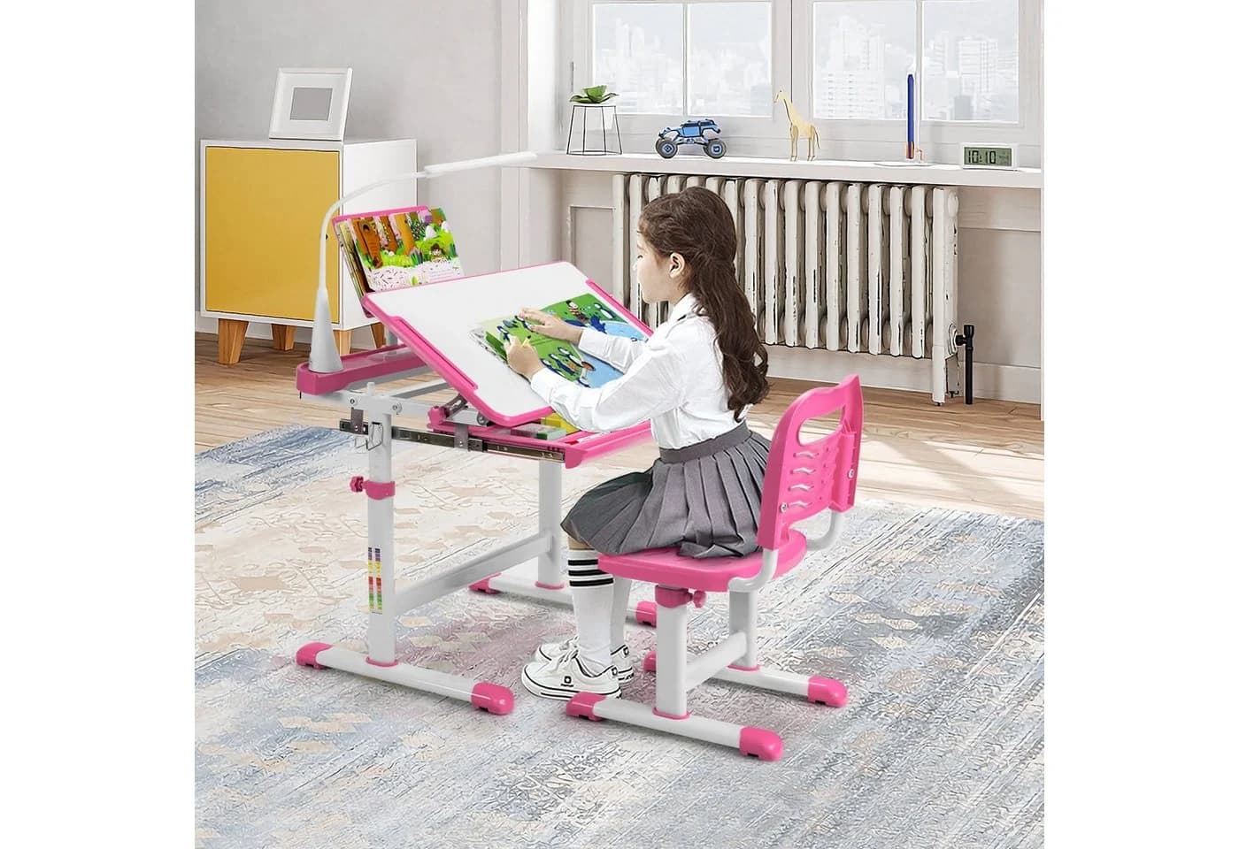 COSTWAY Kinderschreibtisch Rosa mit Stuhl & Lampe, höhenverstellbar, mit Bücherständer