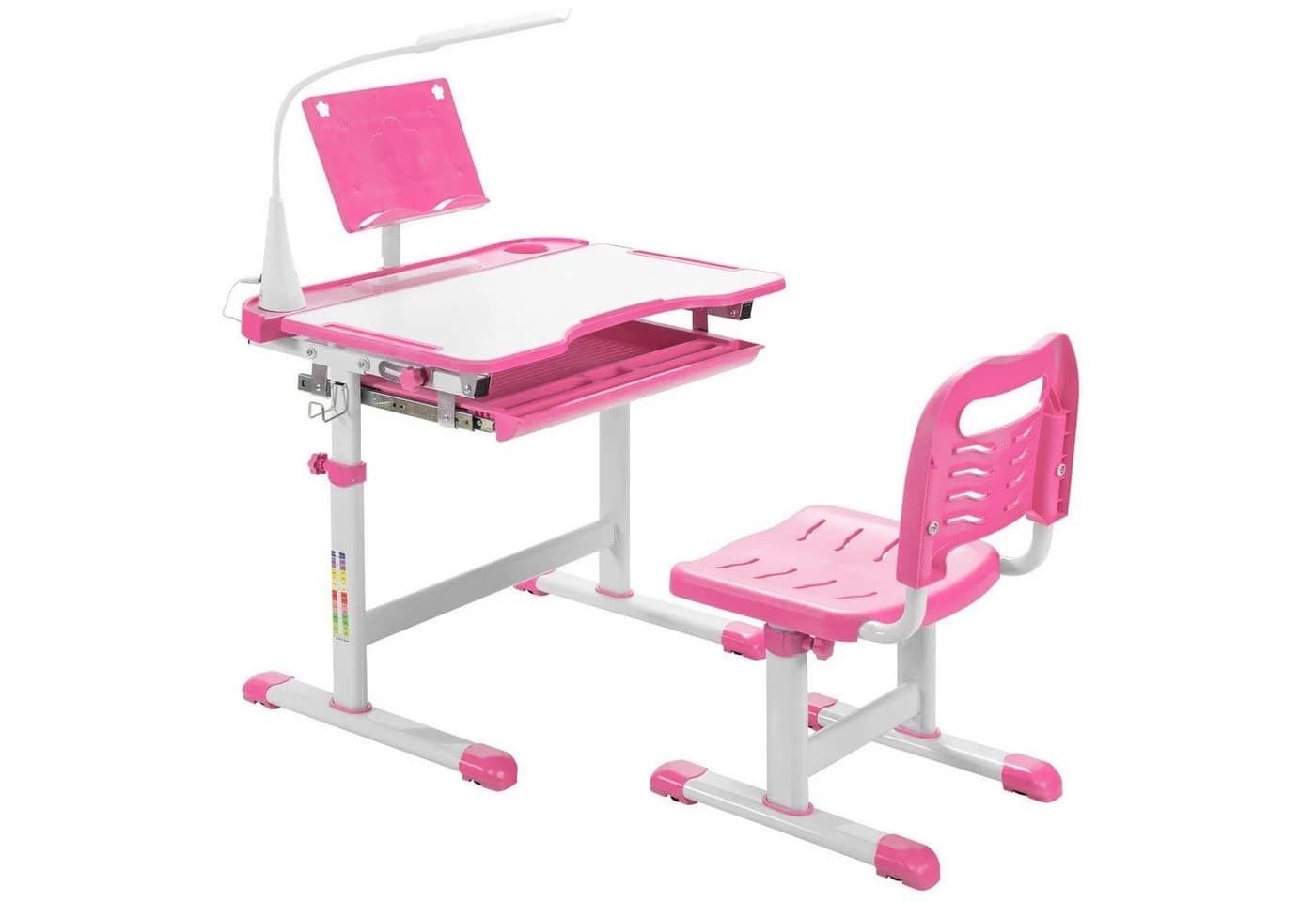 COSTWAY Kinderschreibtisch Rosa mit Stuhl & Lampe, höhenverstellbar, mit Bücherständer - Bild 2