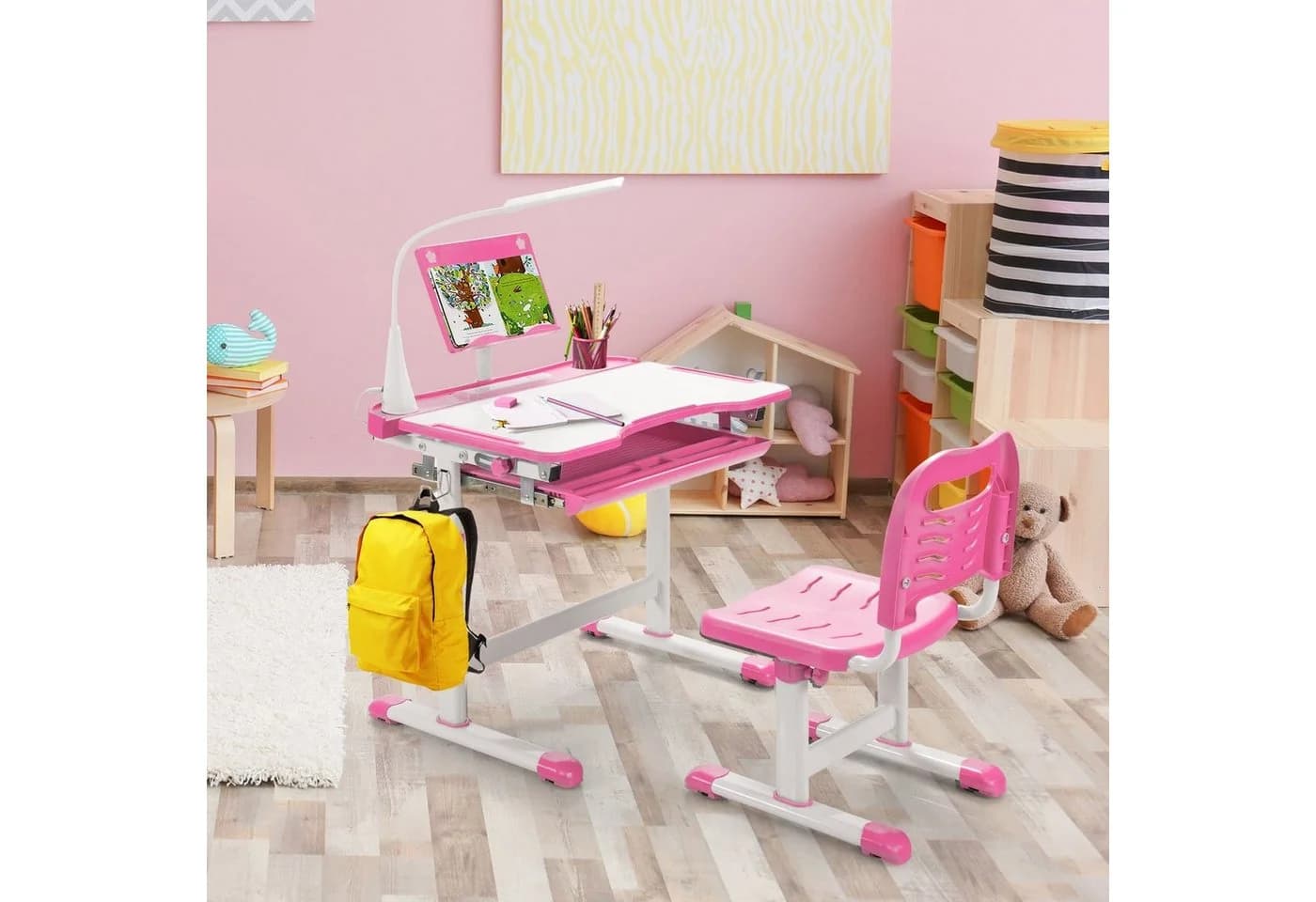 COSTWAY Kinderschreibtisch Rosa mit Stuhl & Lampe, höhenverstellbar, mit Bücherständer - Bild 3