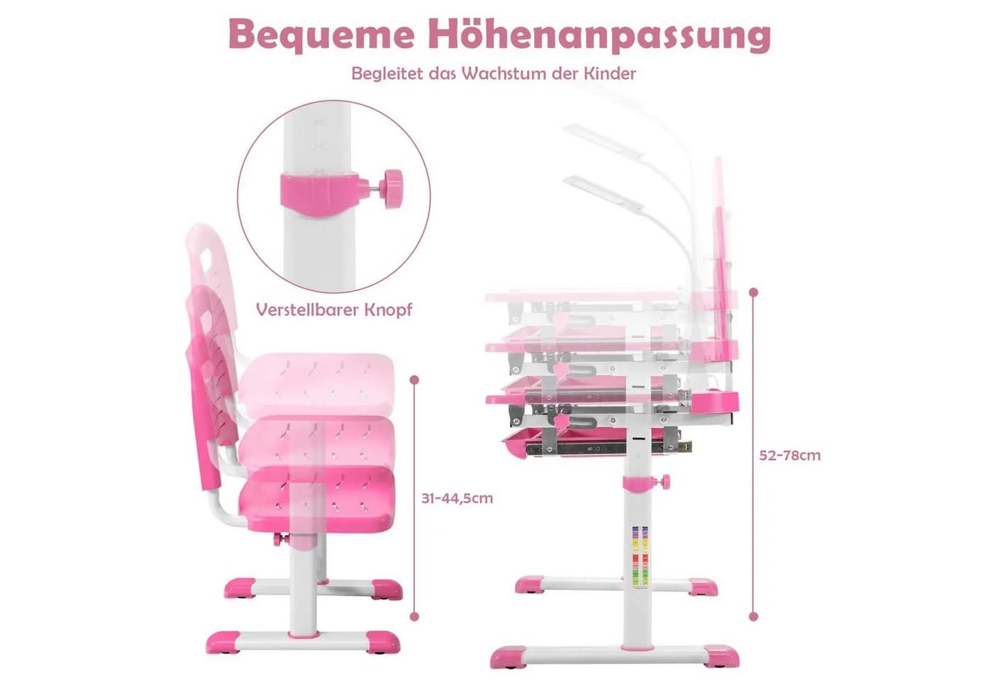 COSTWAY Kinderschreibtisch Rosa mit Stuhl & Lampe, höhenverstellbar, mit Bücherständer - Bild 4