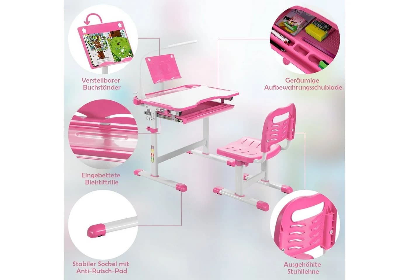 COSTWAY Kinderschreibtisch Rosa mit Stuhl & Lampe, höhenverstellbar, mit Bücherständer - Bild 5