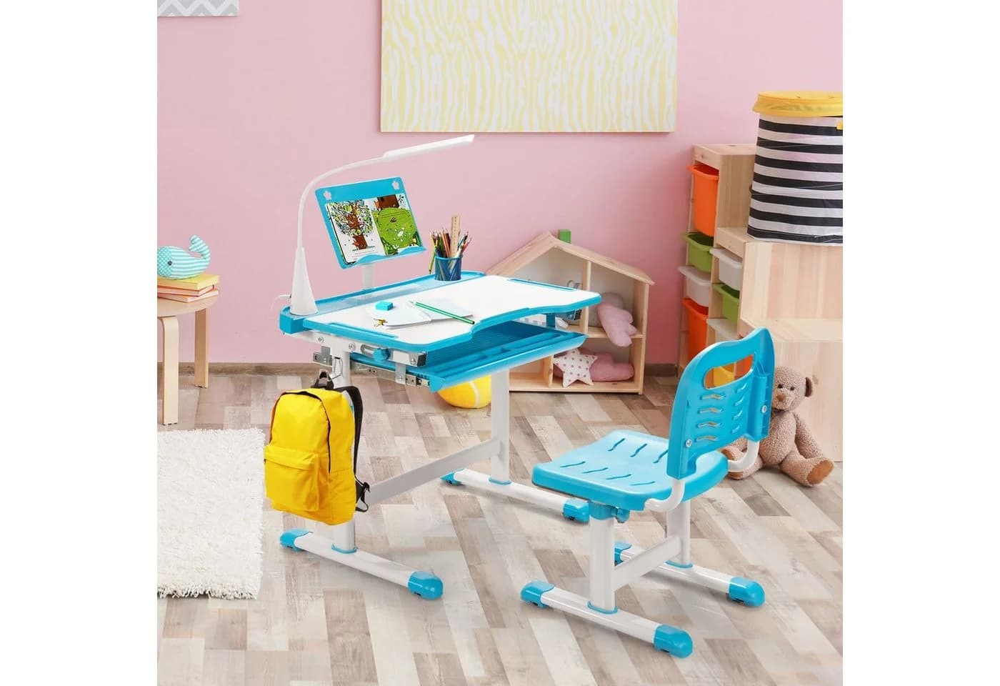 COSTWAY Kinderschreibtisch mit Stuhl & Lampe Blau Höhenverstellbar - Bild 3