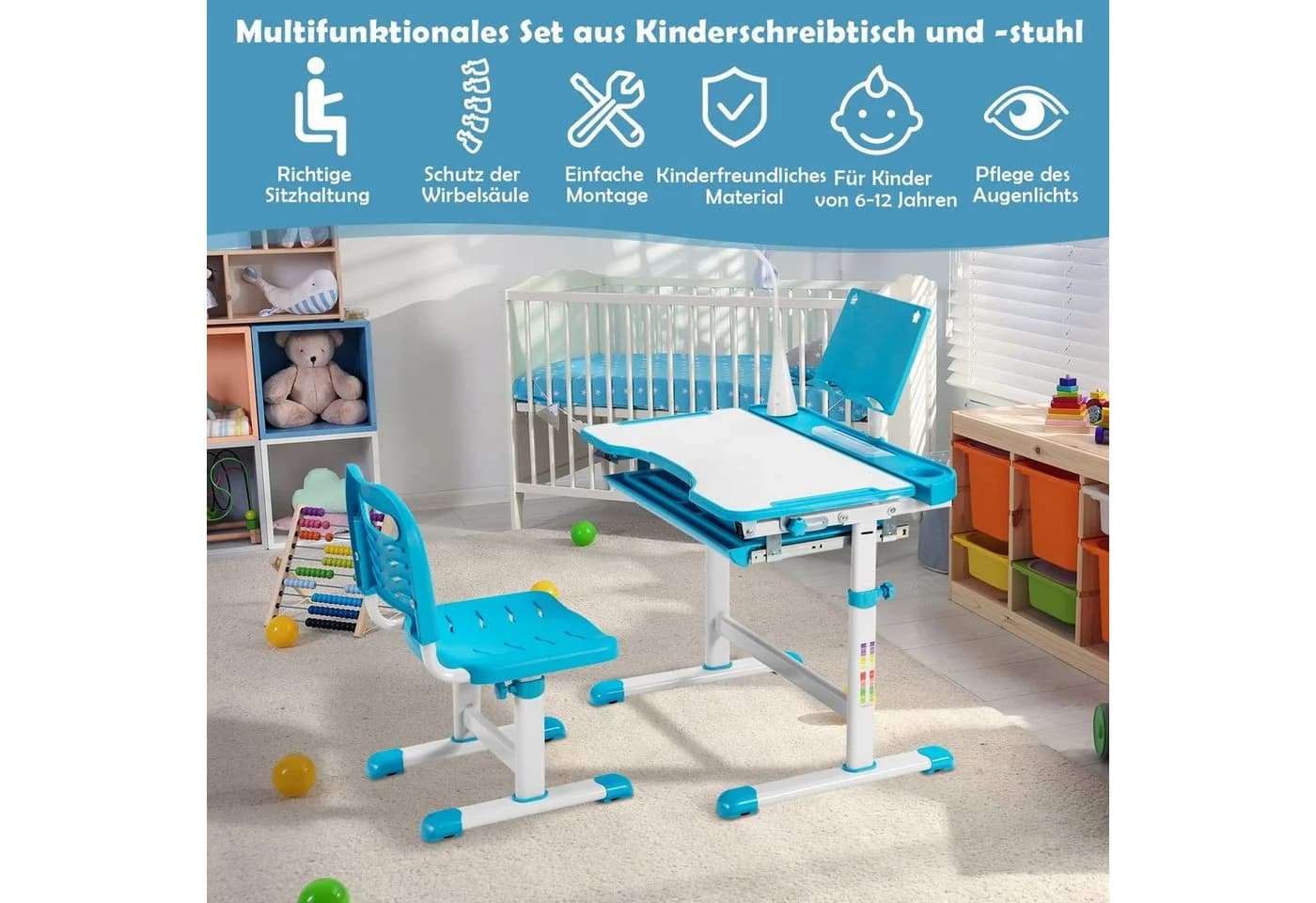 COSTWAY Kinderschreibtisch mit Stuhl & Lampe Blau Höhenverstellbar - Bild 4