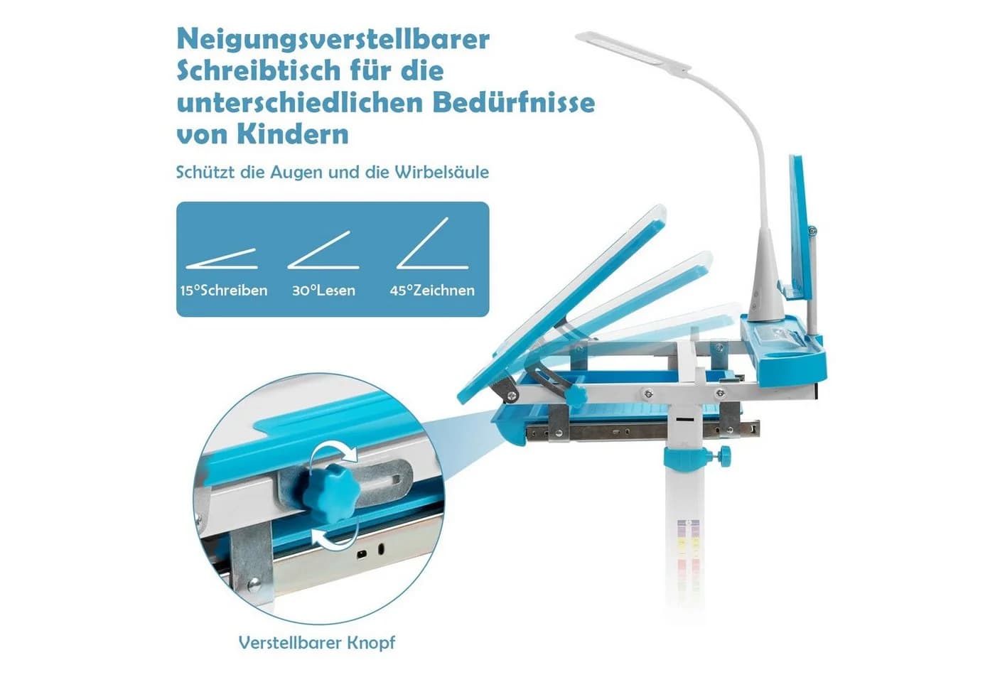 COSTWAY Kinderschreibtisch mit Stuhl & Lampe Blau Höhenverstellbar - Bild 5