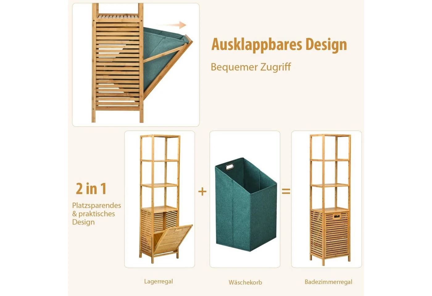 COSTWAY Hochschrank Bad mit Wäschekorb Bambus 3 Regale 40x33x160cm - Bild 3