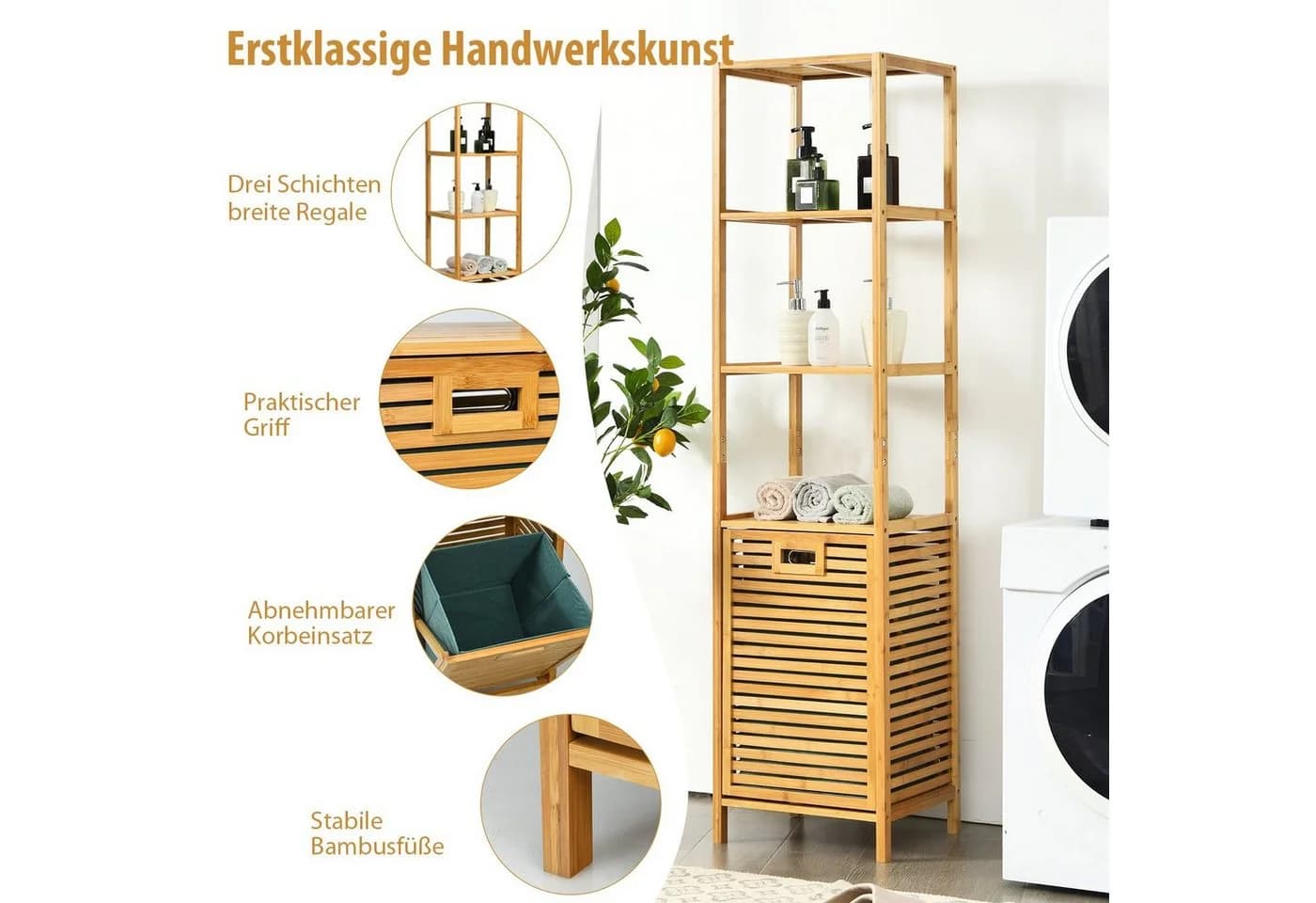 COSTWAY Hochschrank Bad mit Wäschekorb Bambus 3 Regale 40x33x160cm - Bild 4