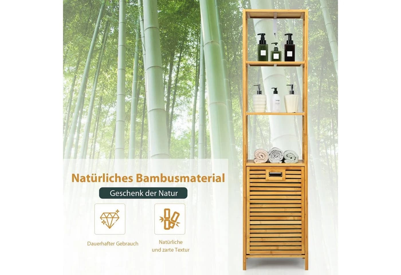COSTWAY Hochschrank Bad mit Wäschekorb Bambus 3 Regale 40x33x160cm - Bild 5