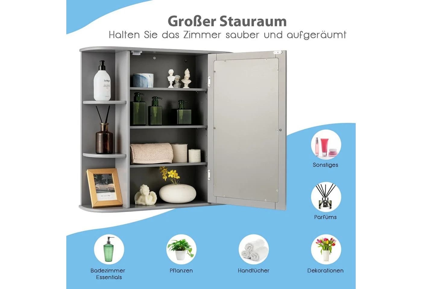 COSTWAY Spiegelschrank Badezimmerschrank Grau - Bild 5