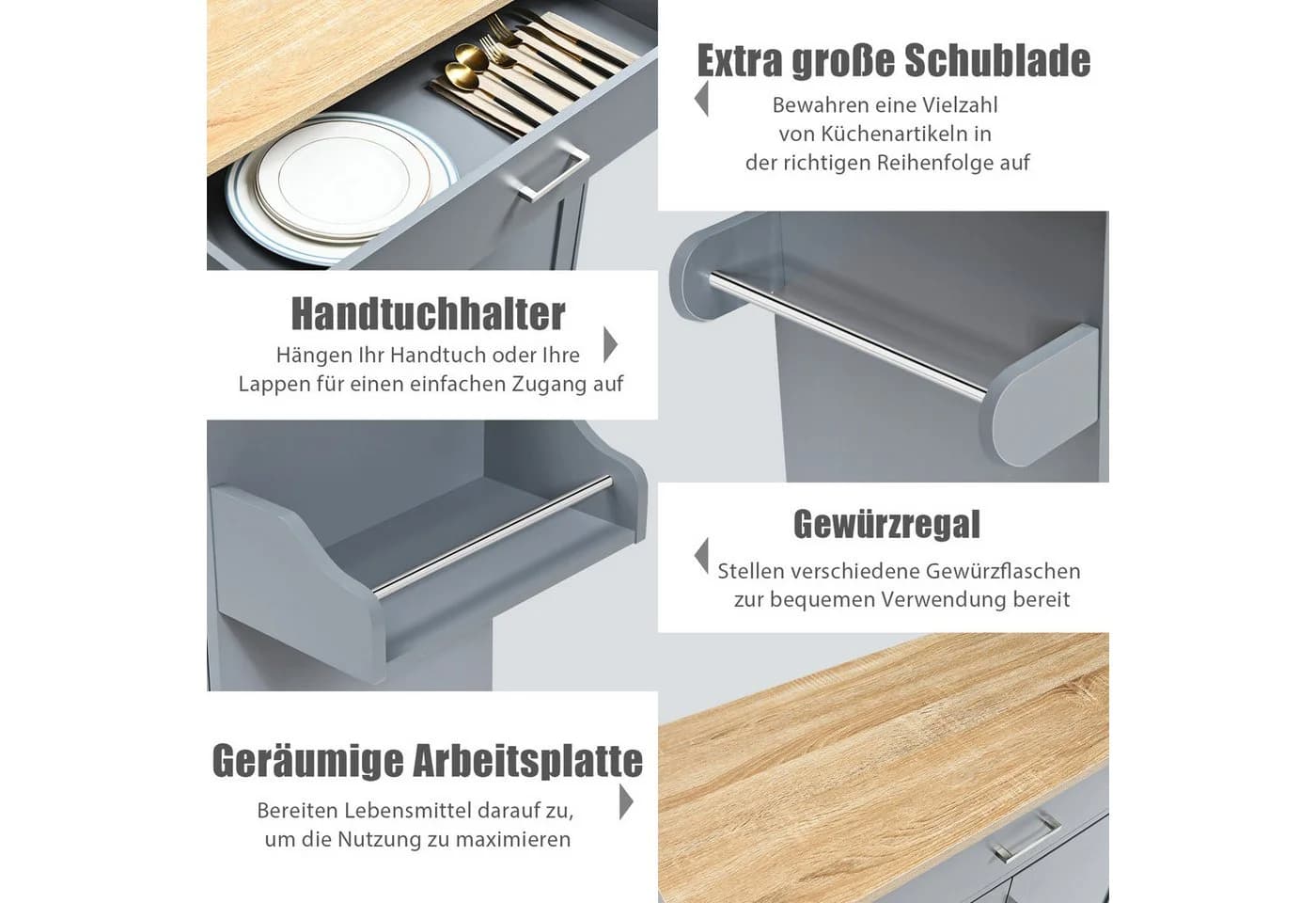 COSTWAY Küchenwagen Servierwagen Grau Arbeitsplatte Handtuchhalter Rollen - Bild 4