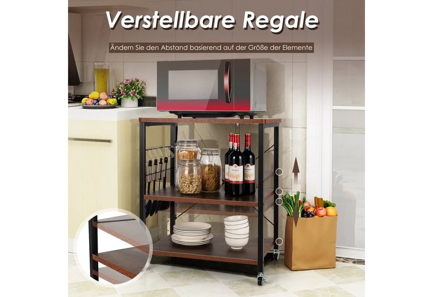 COSTWAY Servierwagen Braun mit 10 abnehmbaren Haken & verstellbarer Ablage - Bild 5