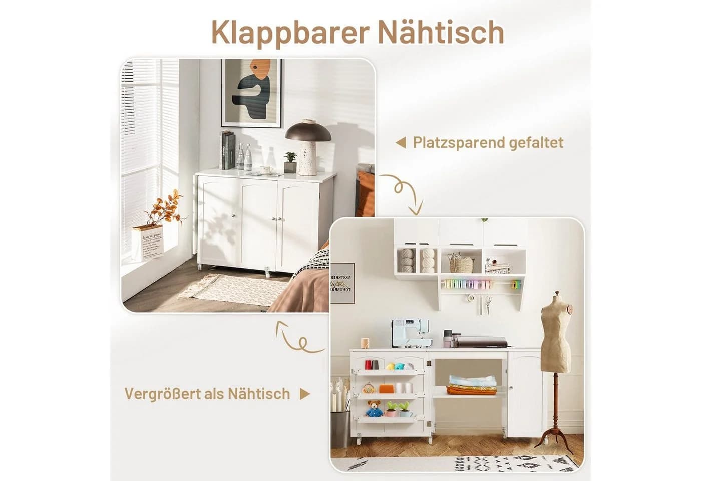 COSTWAY Klappbarer Schreibtisch mit Rollen, Ablagefächern & Tür Braun/Weiß - Bild 4