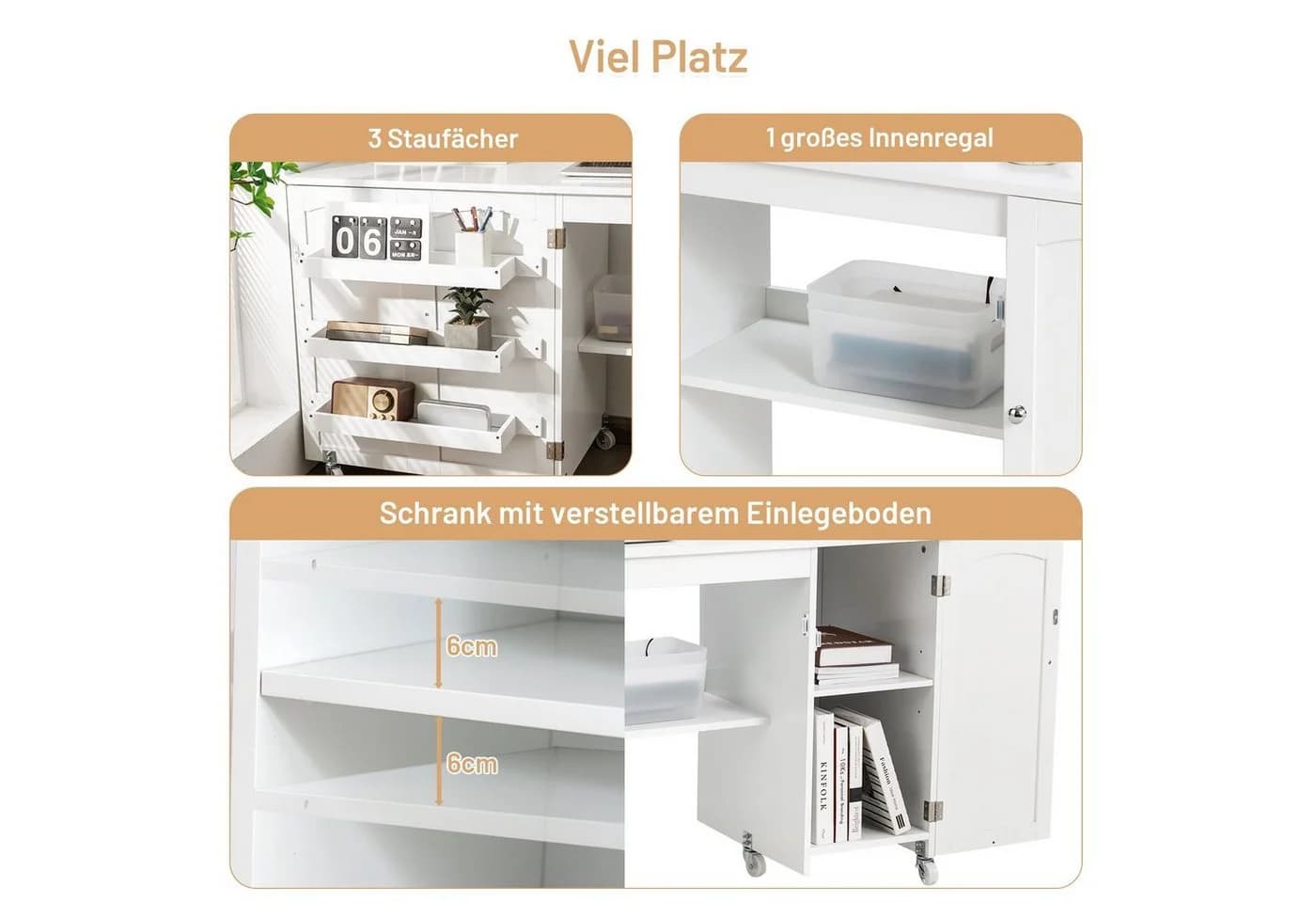 COSTWAY Klappbarer Schreibtisch mit Rollen, Ablagefächern & Tür Braun/Weiß - Bild 5