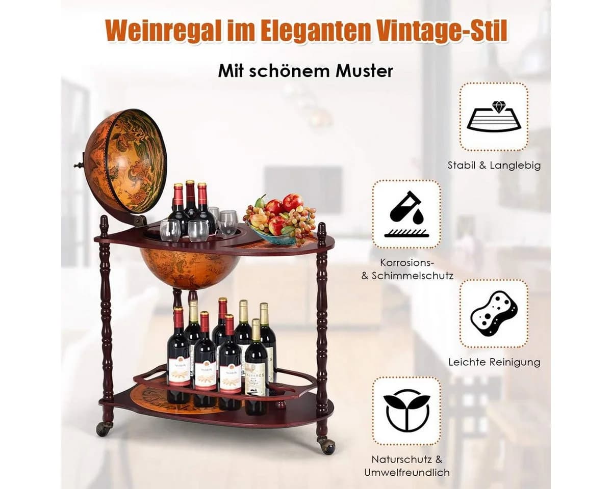 KOMFOTTEU Weinregal Standglobus Bar auf Rollen Braun Eukalyptus - Bild 4