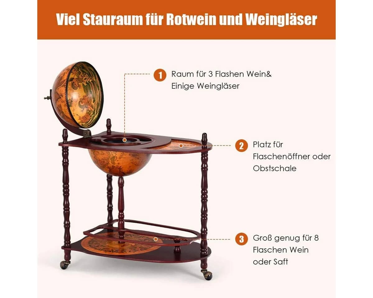 KOMFOTTEU Weinregal Standglobus Bar auf Rollen Braun Eukalyptus - Bild 5