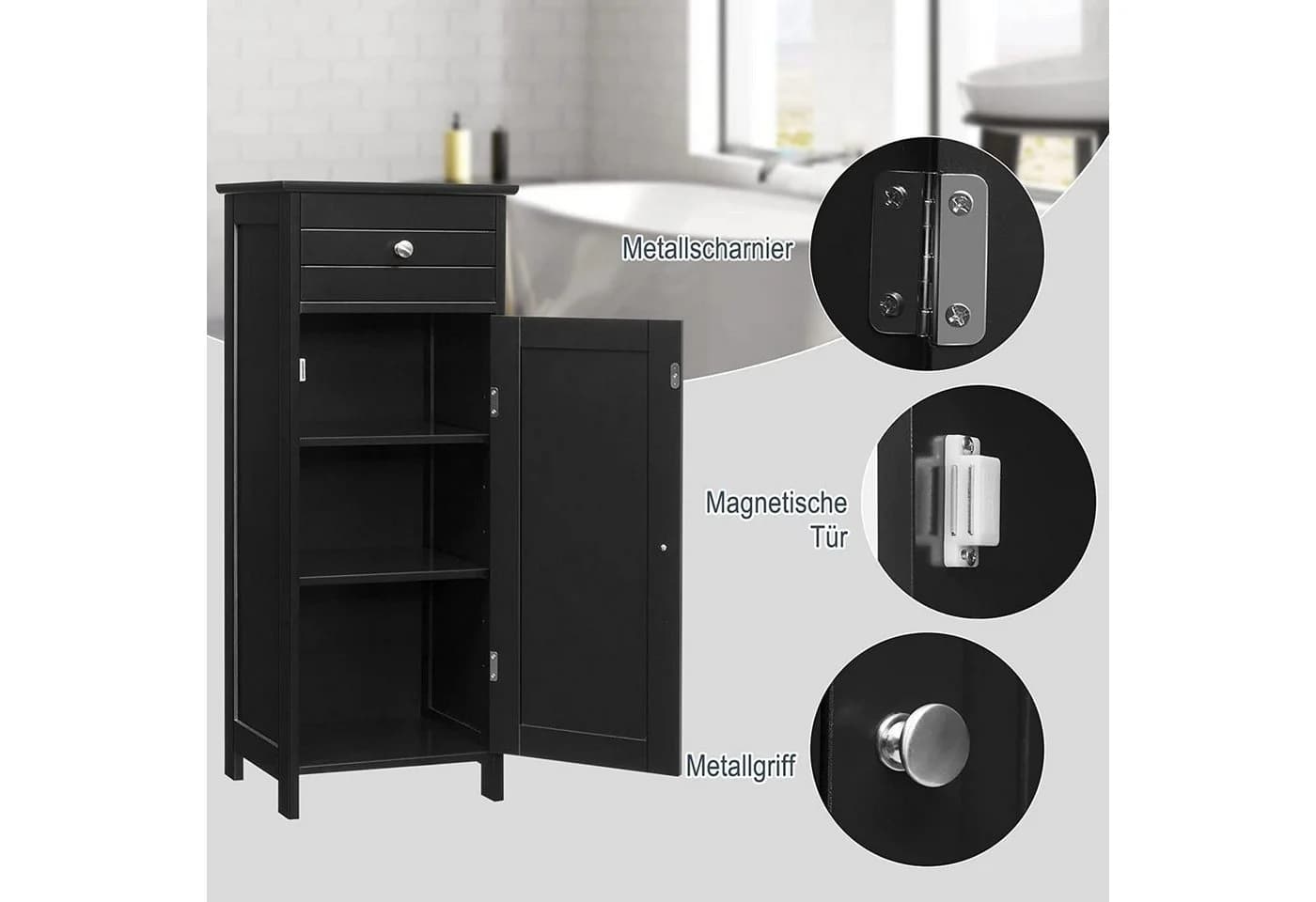 KOMFOTTEU Badschrank mit Schublade Schwarz 35x30x87 cm - Bild 4
