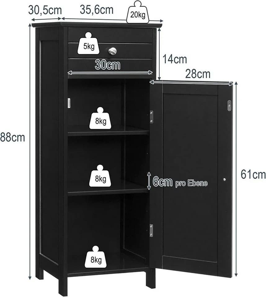 KOMFOTTEU Badschrank mit Schublade Schwarz 35x30x87 cm - Bild 5