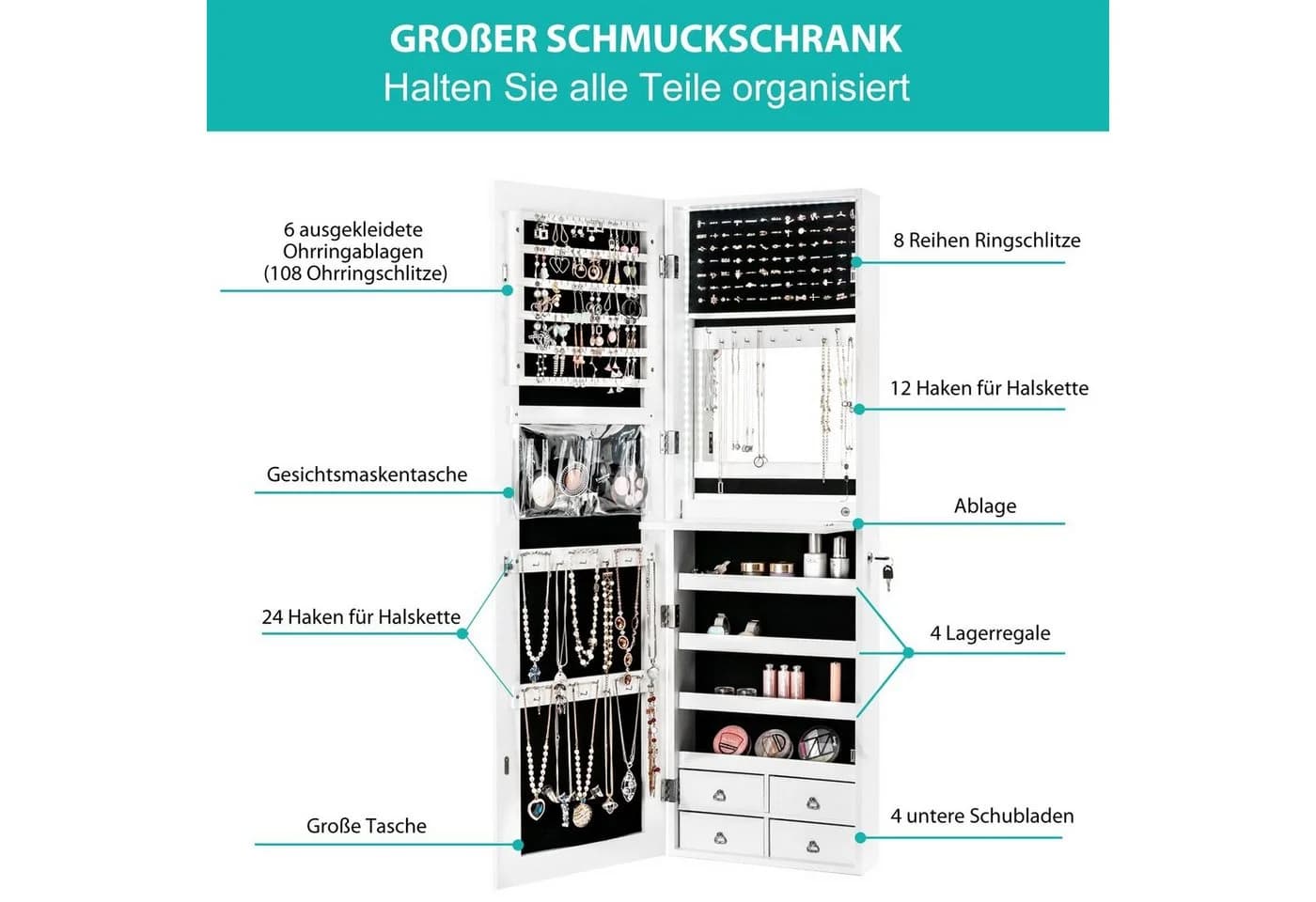 COSTWAY Schmuckschrank mit LED & Ganzkörperspiegel & 4 Schubladen & 4 Regale Weiß