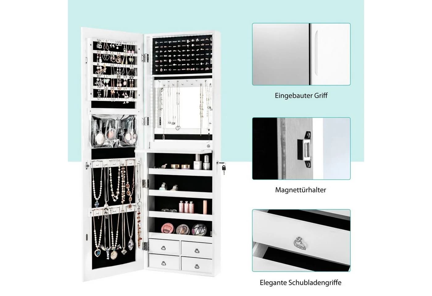 COSTWAY Schmuckschrank mit LED & Ganzkörperspiegel & 4 Schubladen & 4 Regale Weiß - Bild 3