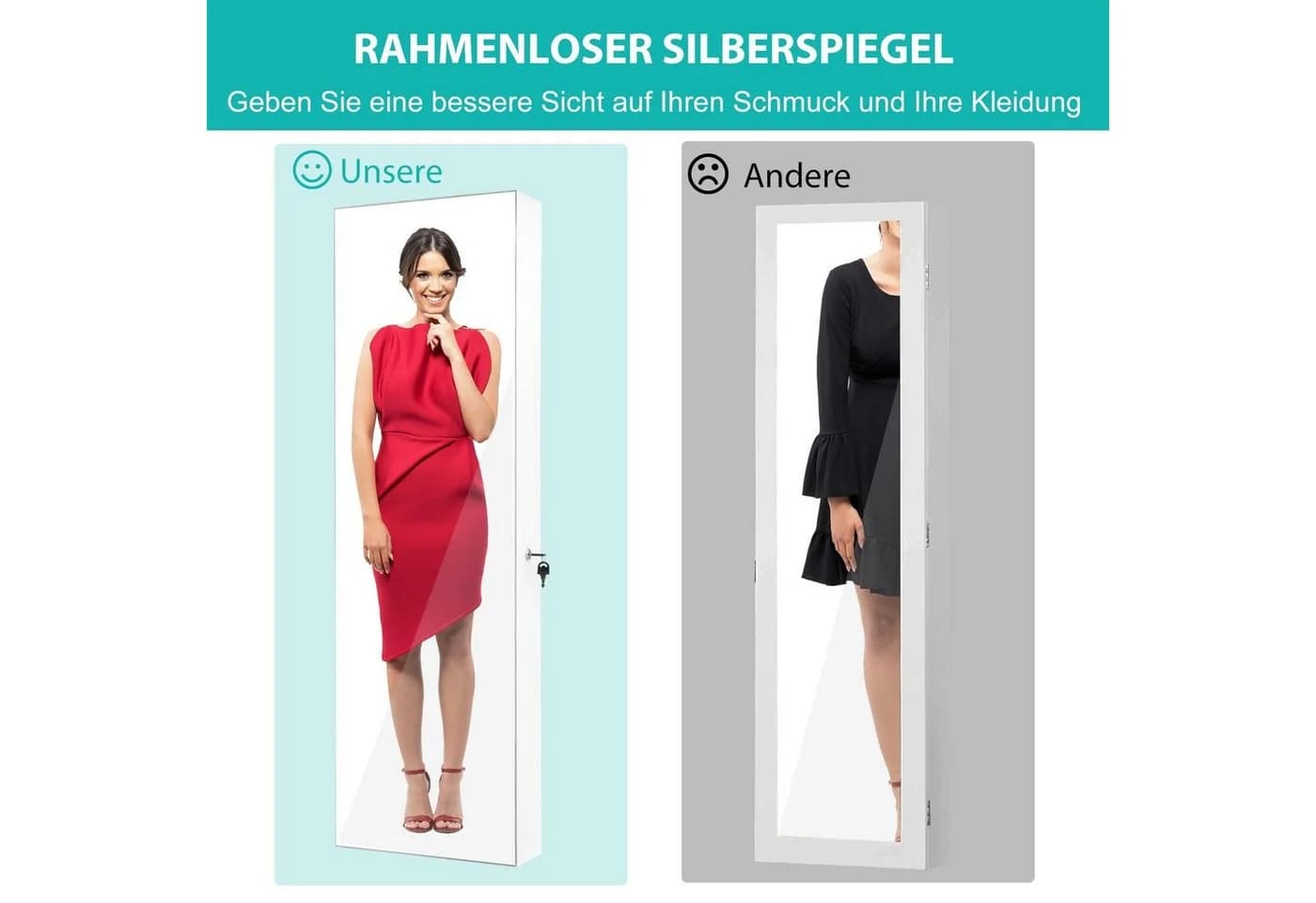 COSTWAY Schmuckschrank mit LED & Ganzkörperspiegel & 4 Schubladen & 4 Regale Weiß - Bild 5