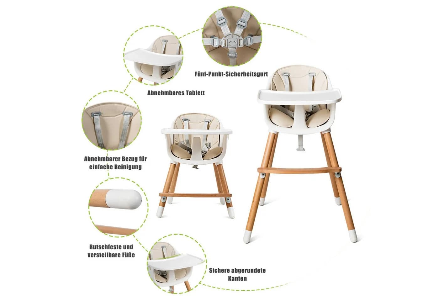 COSTWAY Hochstuhl 2 in 1 Babystuhl aus Holz höhenverstellbar - Bild 3
