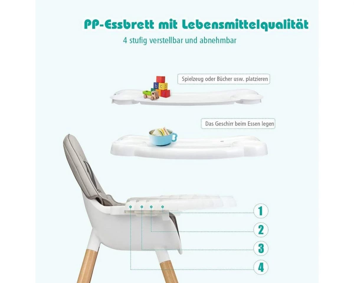 COSTWAY Hochstuhl Kombihochstuhl Grau höhenverstellbar mit Tablett