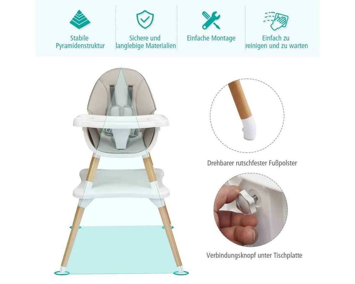 COSTWAY Hochstuhl Kombihochstuhl Grau höhenverstellbar mit Tablett - Bild 3