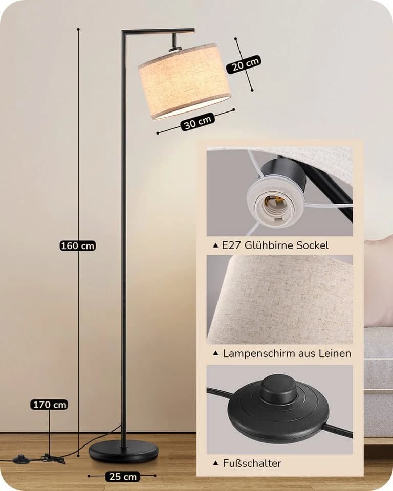 EDISHINE Stehlampe mit verstellbarem Lampenschirm aus Leinen - Bild 5