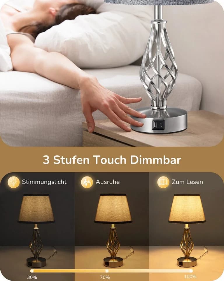 EDISHINE LED Nachttischlampe Touch Dimmbar 2er Set Grau - Bild 5