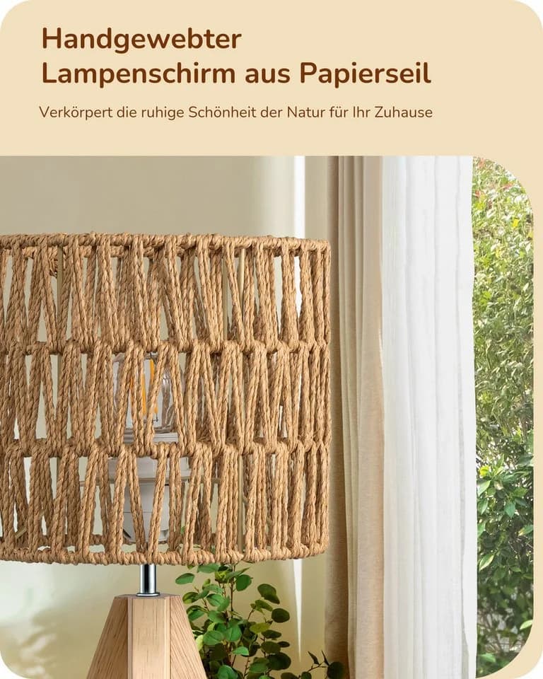 EDISHINE LED Nachttischlampe mit Seil-Lampenschirm, LED wechselbar, Warmweiß, Boho Tischleuchte für Schlafzimmer
