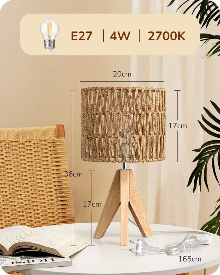 EDISHINE LED Nachttischlampe mit Seil-Lampenschirm, LED wechselbar, Warmweiß, Boho Tischleuchte für Schlafzimmer - Bild 4