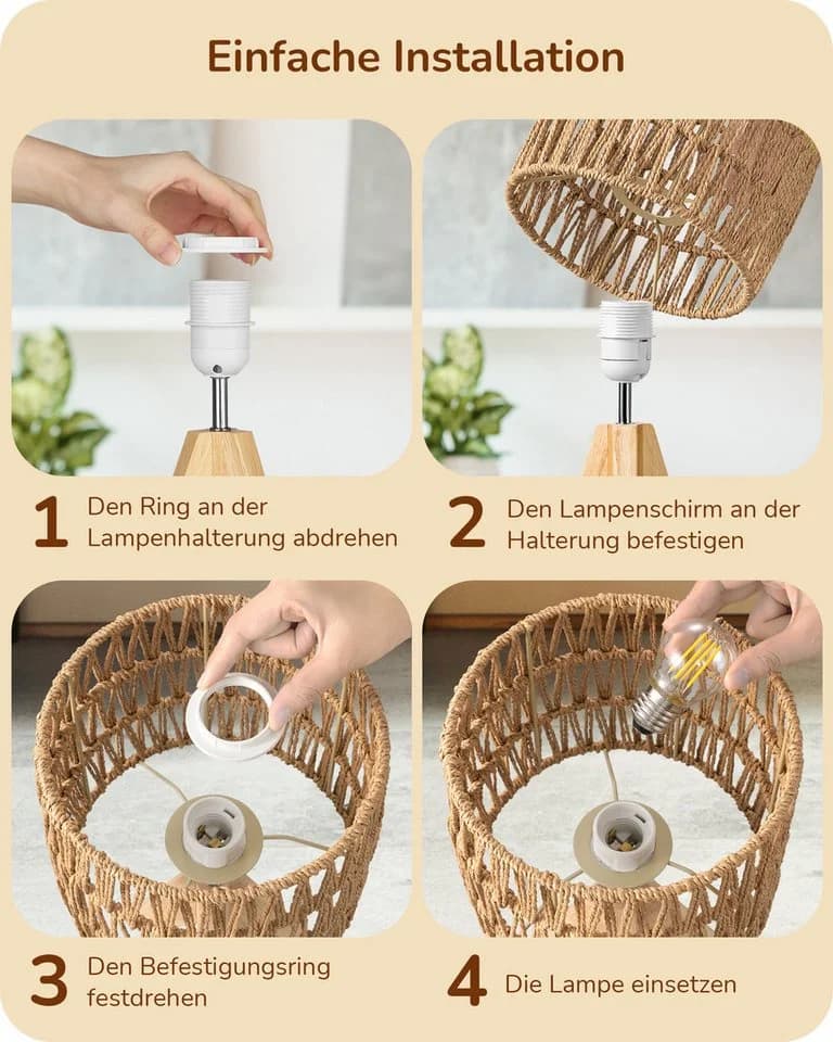EDISHINE LED Nachttischlampe mit Seil-Lampenschirm, LED wechselbar, Warmweiß, Boho Tischleuchte für Schlafzimmer - Bild 5