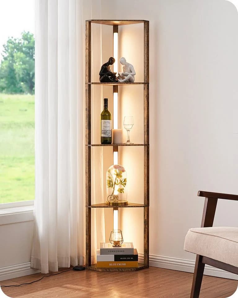 EDISHINE Stehlampe Wohnzimmer Braun 4 Holz-Regal LED Dimmbar - Bild 2