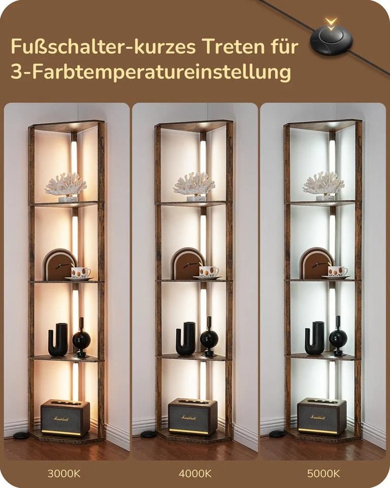 EDISHINE Stehlampe Wohnzimmer Braun 4 Holz-Regal LED Dimmbar - Bild 3