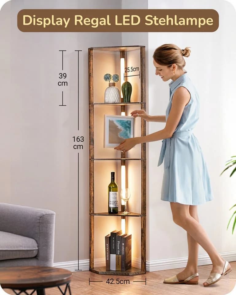 EDISHINE Stehlampe Wohnzimmer Braun 4 Holz-Regal LED Dimmbar - Bild 5