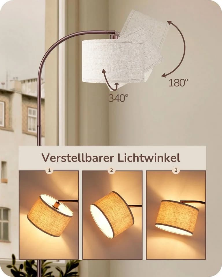 EDISHINE Bogenlampe Wohnzimmer Beige Leinen verstellbar E27