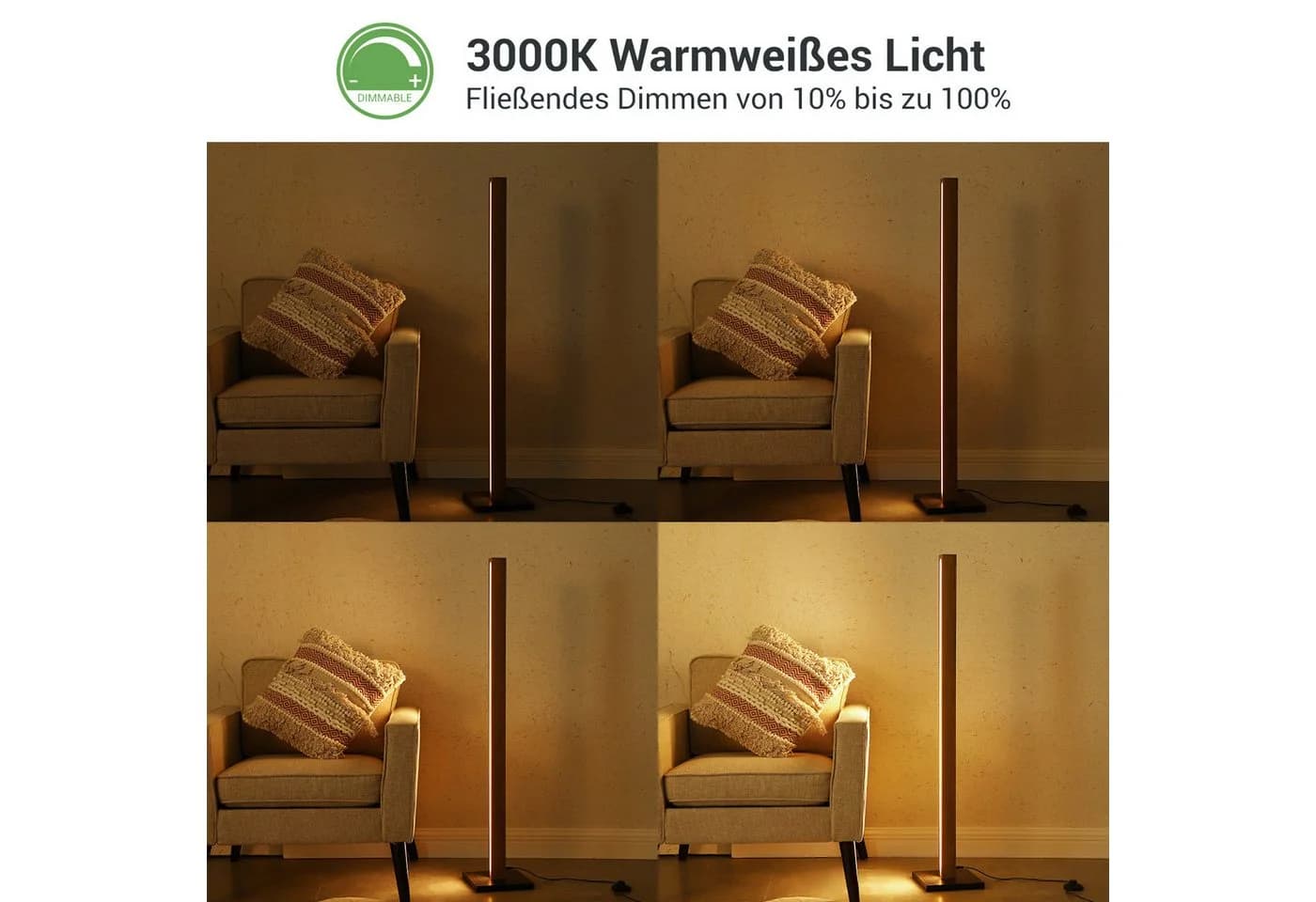 EDISHINE LED Stehlampe Holz Dimmbar Warmweiß mit Fußschalter