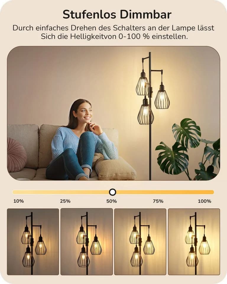EDISHINE Stehlampe Wohnzimmer 3-flammig Dimmbar Schwarz