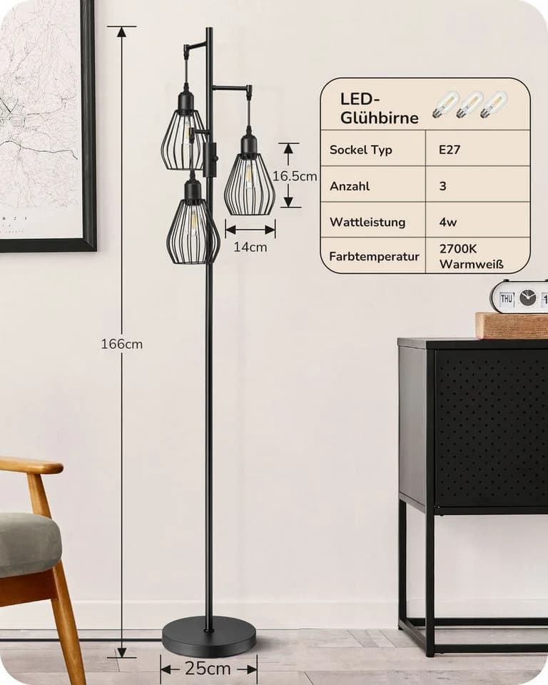 EDISHINE Stehlampe Wohnzimmer 3-flammig Dimmbar Schwarz - Bild 4
