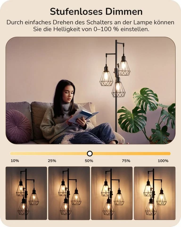 EDISHINE Stehlampe Wohnzimmer 3-flammig Dimmbar LED Wechselbar Schwarz