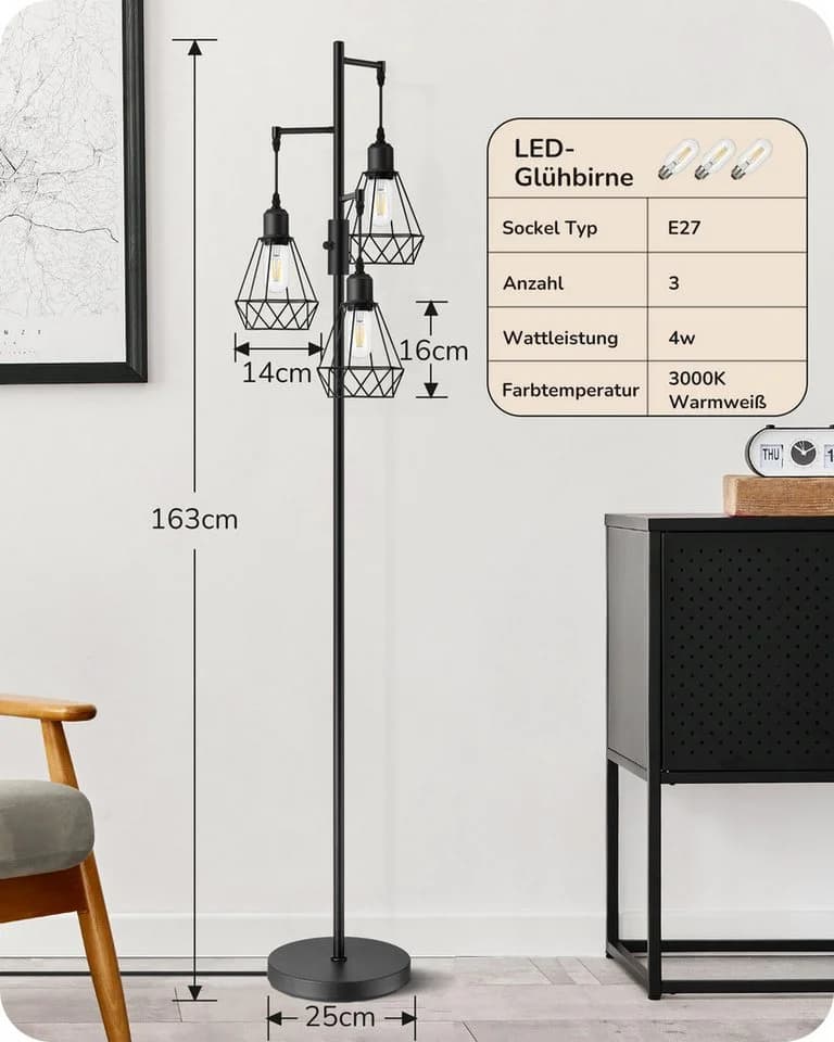 EDISHINE Stehlampe Wohnzimmer 3-flammig Dimmbar LED Wechselbar Schwarz - Bild 4