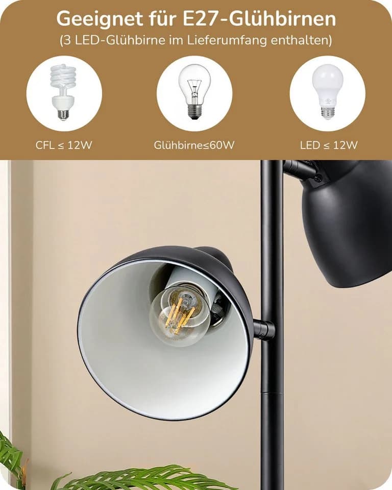 EDISHINE Stehlampe Wohnzimmer 163cm, 3-flammige Standleuchte LED wechselbar Schwenkbar - Bild 4