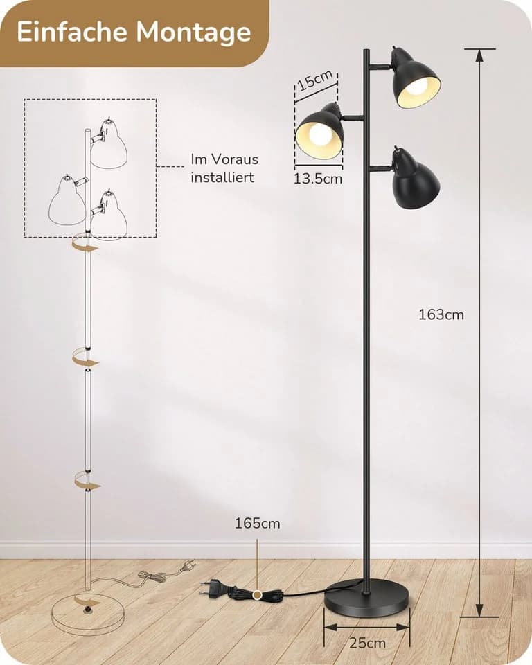 EDISHINE Stehlampe Wohnzimmer 163cm, 3-flammige Standleuchte LED wechselbar Schwenkbar - Bild 5