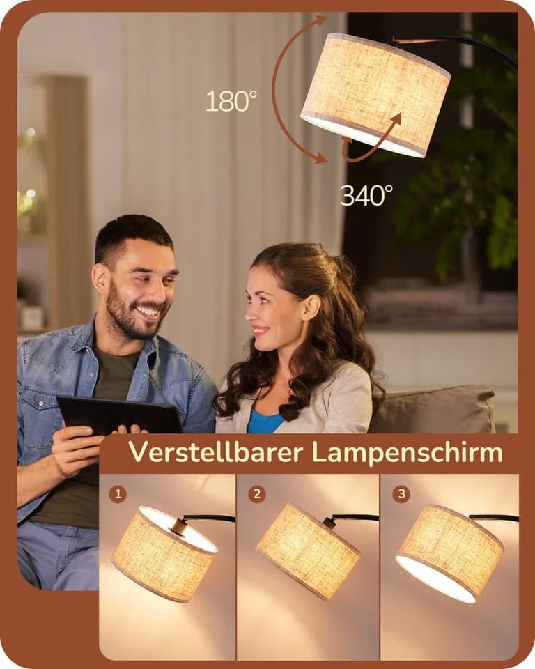 EDISHINE Stehlampe Wohnzimmer, Bogenlampe, mit E27 LED-Glühbirne, Leinen-Lampenschirm verstellbar, Fußschalter