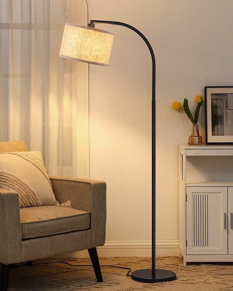 EDISHINE Stehlampe Wohnzimmer, Bogenlampe, mit E27 LED-Glühbirne, Leinen-Lampenschirm verstellbar, Fußschalter - Bild 2