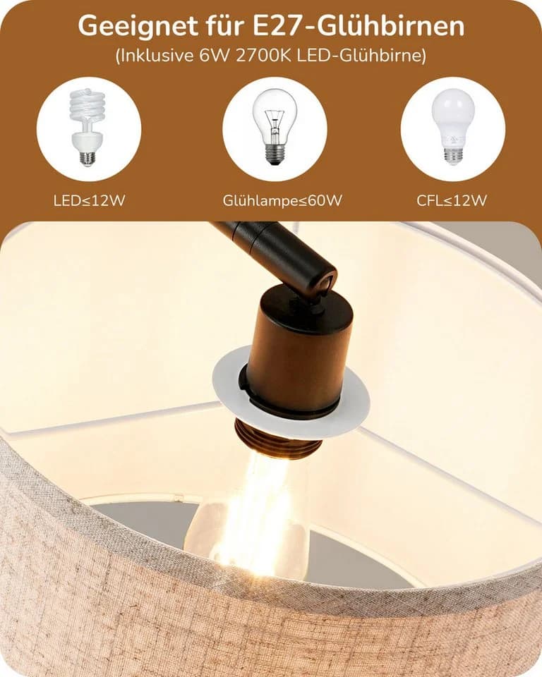 EDISHINE Stehlampe Wohnzimmer, Bogenlampe, mit E27 LED-Glühbirne, Leinen-Lampenschirm verstellbar, Fußschalter - Bild 3