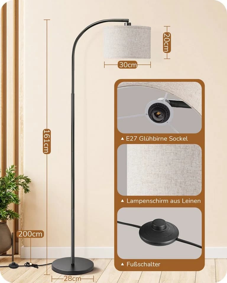 EDISHINE Stehlampe Wohnzimmer, Bogenlampe, mit E27 LED-Glühbirne, Leinen-Lampenschirm verstellbar, Fußschalter - Bild 5