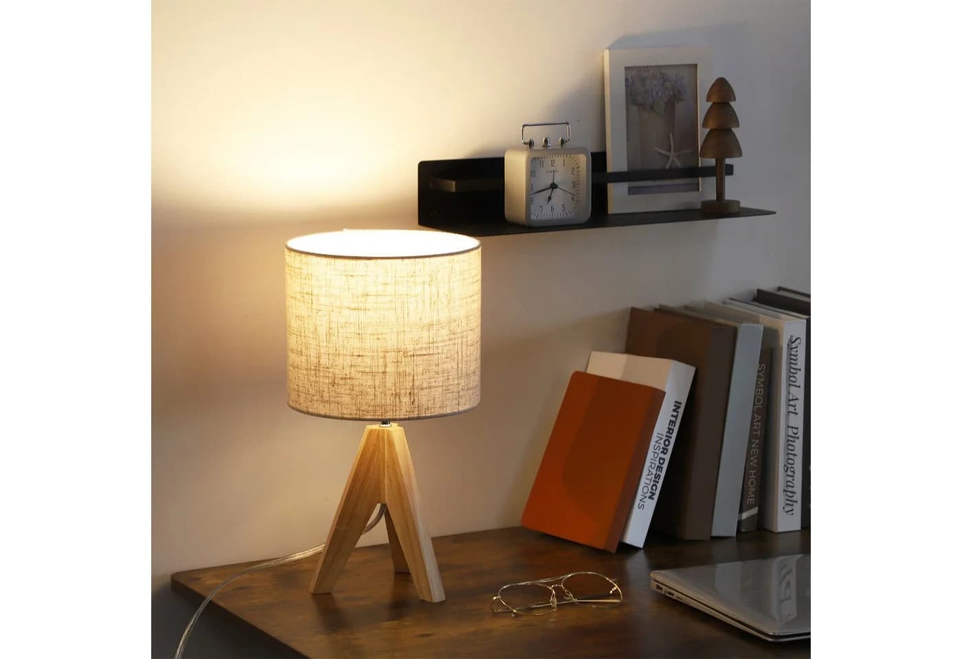 EDISHINE Nachttischlampe Holz Warmweiß Leinen - Bild 2