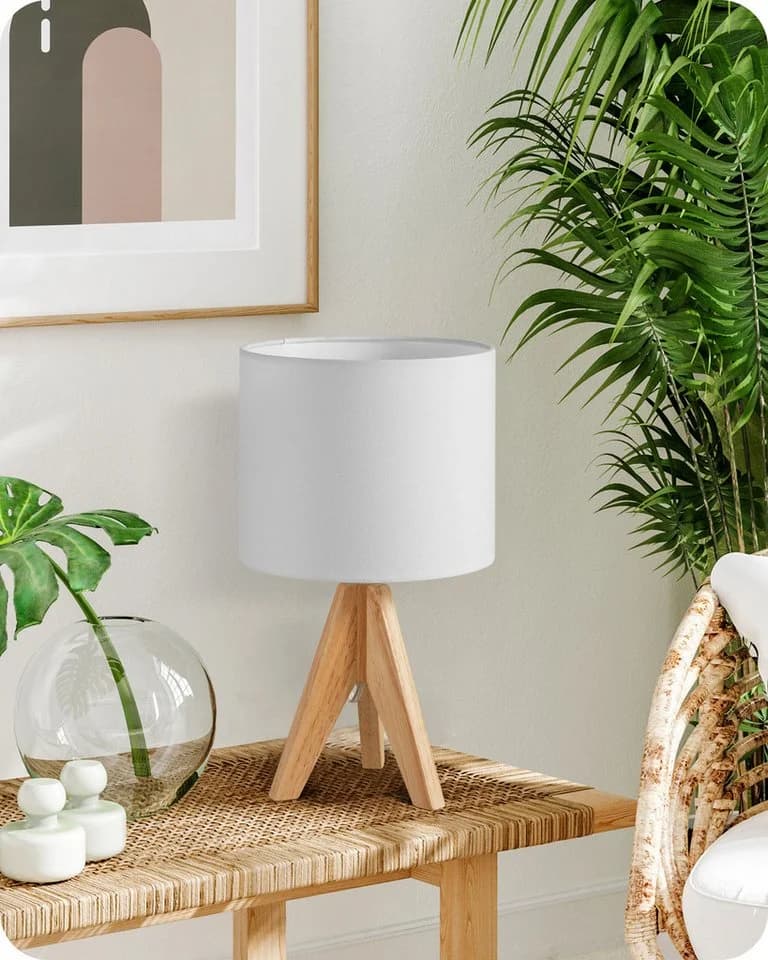 EDISHINE Nachttischlampe aus Holz mit Stoffschirm LED wechselbar Warmweiß - Bild 2
